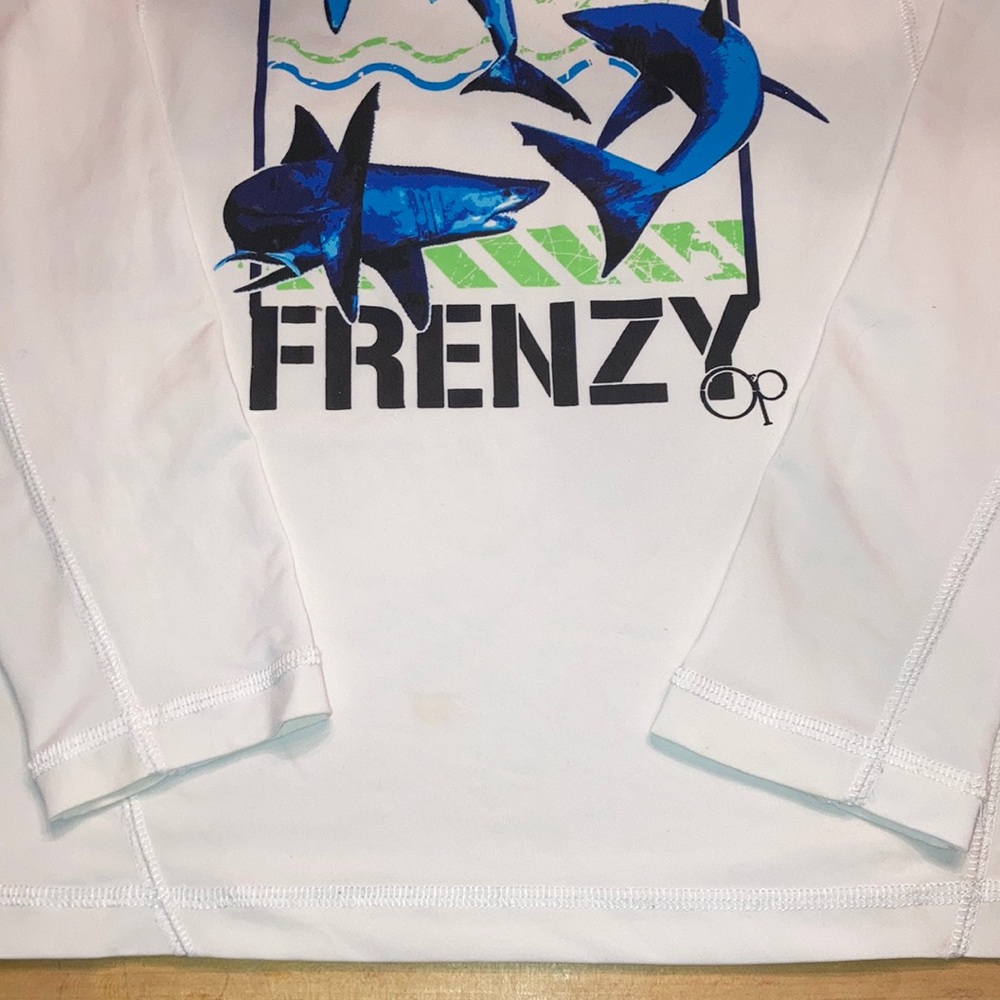 Long Sleeve Protective Sun Surf Shirt White Rash Guard Blue Shark Print OP 10 12 - Picture 5 of 6